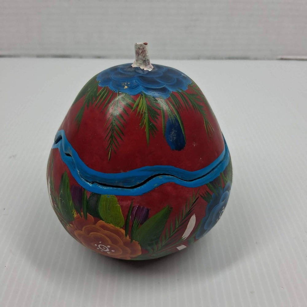 Hand Painted Floral Gourd Trinket Box Red Folk Art Decorative Lidded Container - Picture 4 of 8